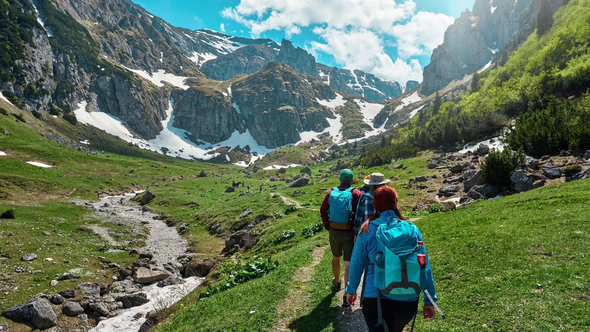 People walking hillside